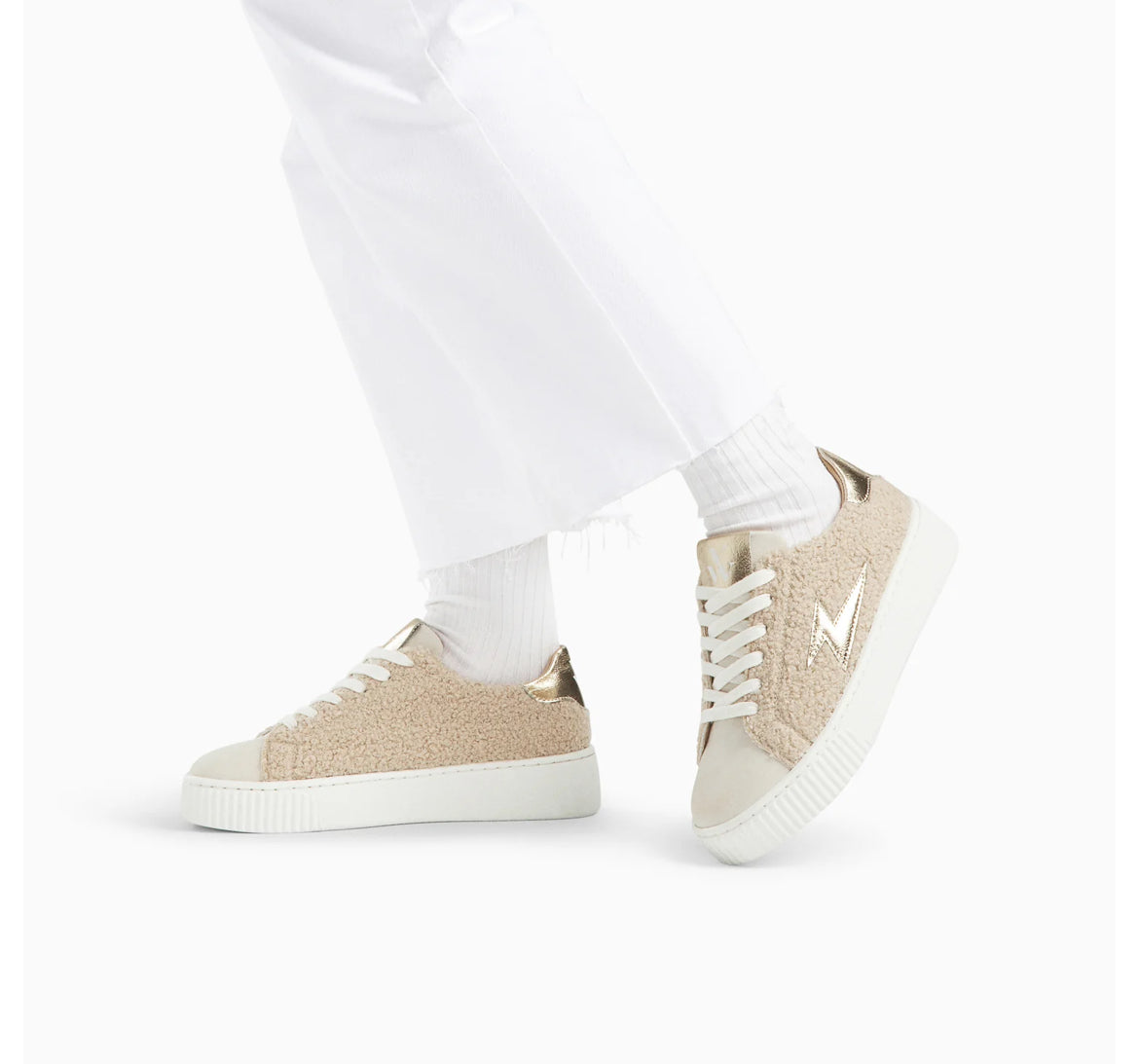 Baskets Éclair Ava Beige Et Or En Fausse Fourrure