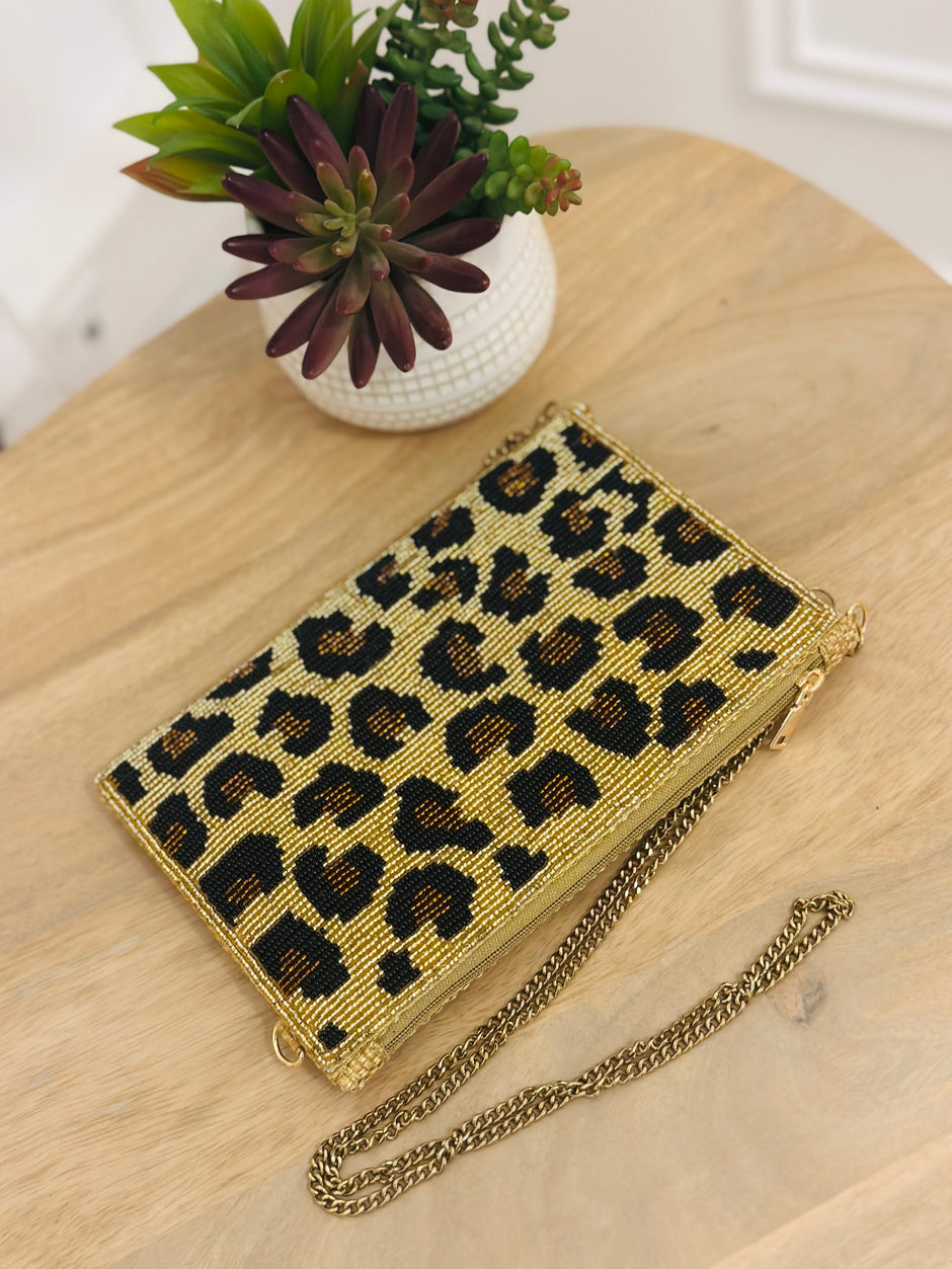 Pochette Téléphone Léopard Perles