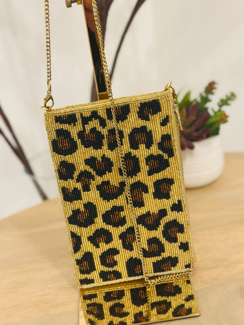Pochette Téléphone Léopard Perles