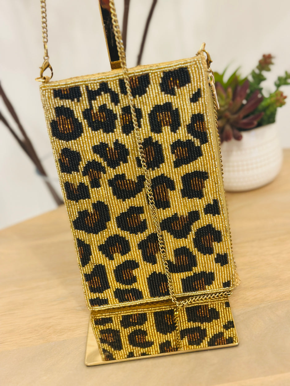 Pochette Téléphone Léopard Perles
