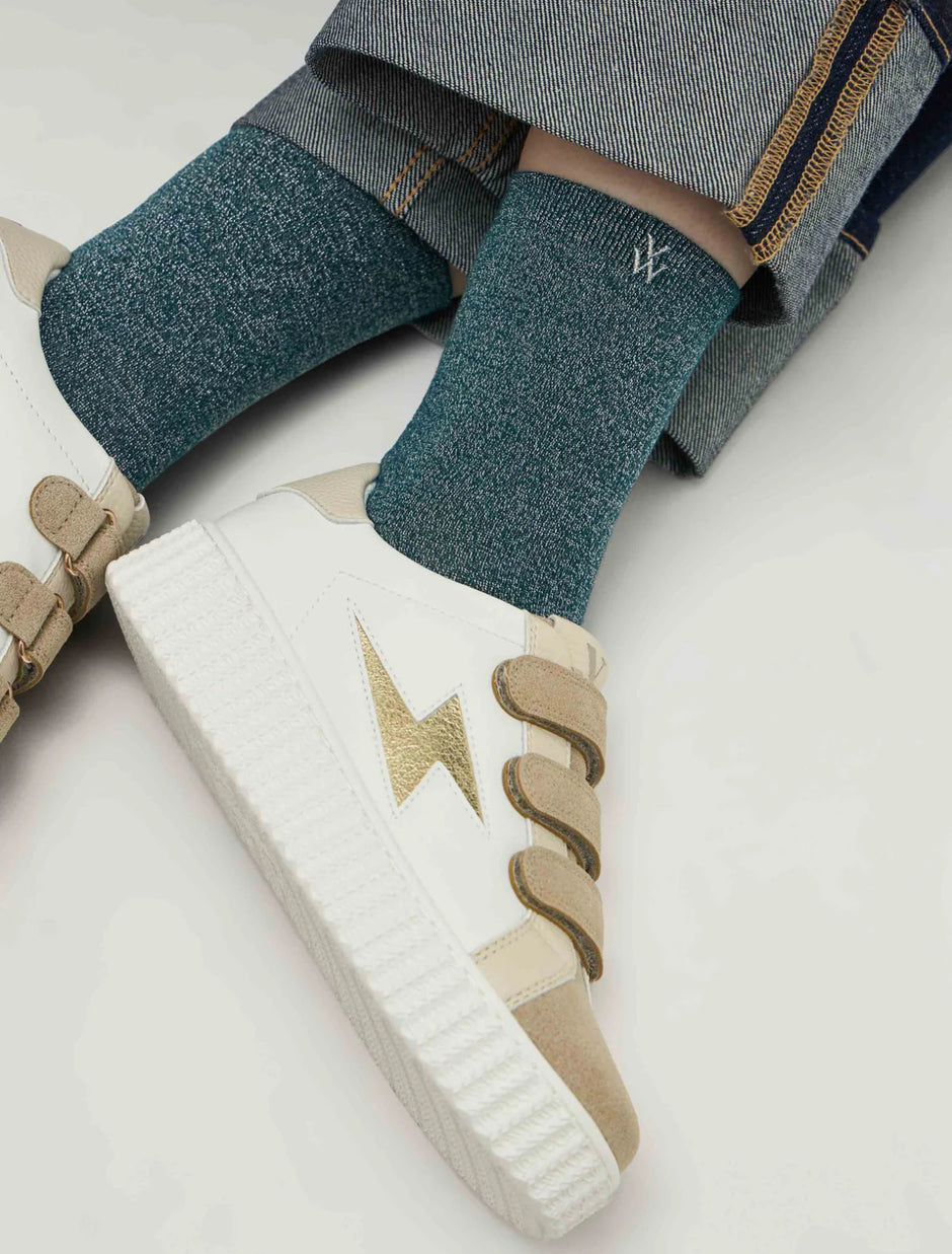 Chaussettes Ambre bleu canard et argent pailleté