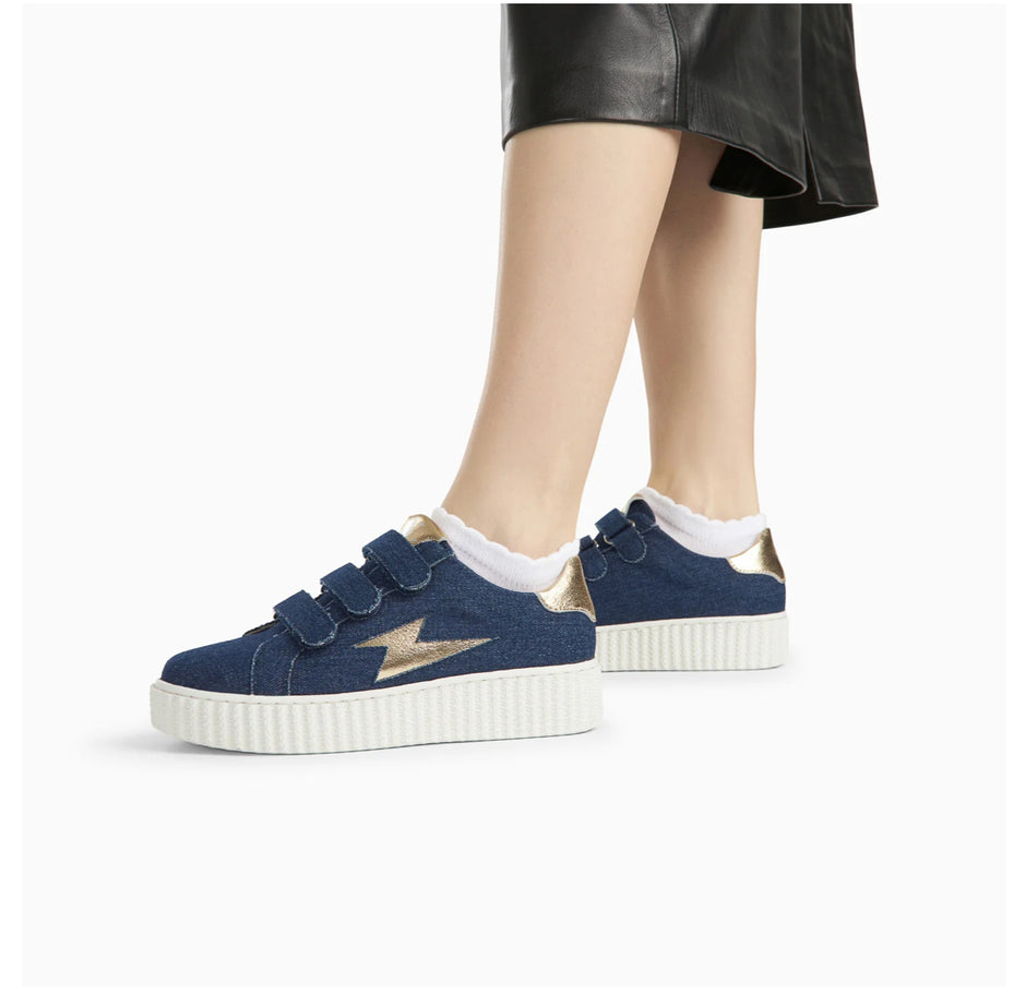 Baskets Éclair Irène Denim Et Or À Scratchs