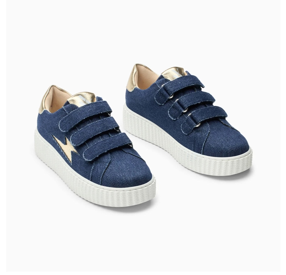 Baskets Éclair Irène Denim Et Or À Scratchs
