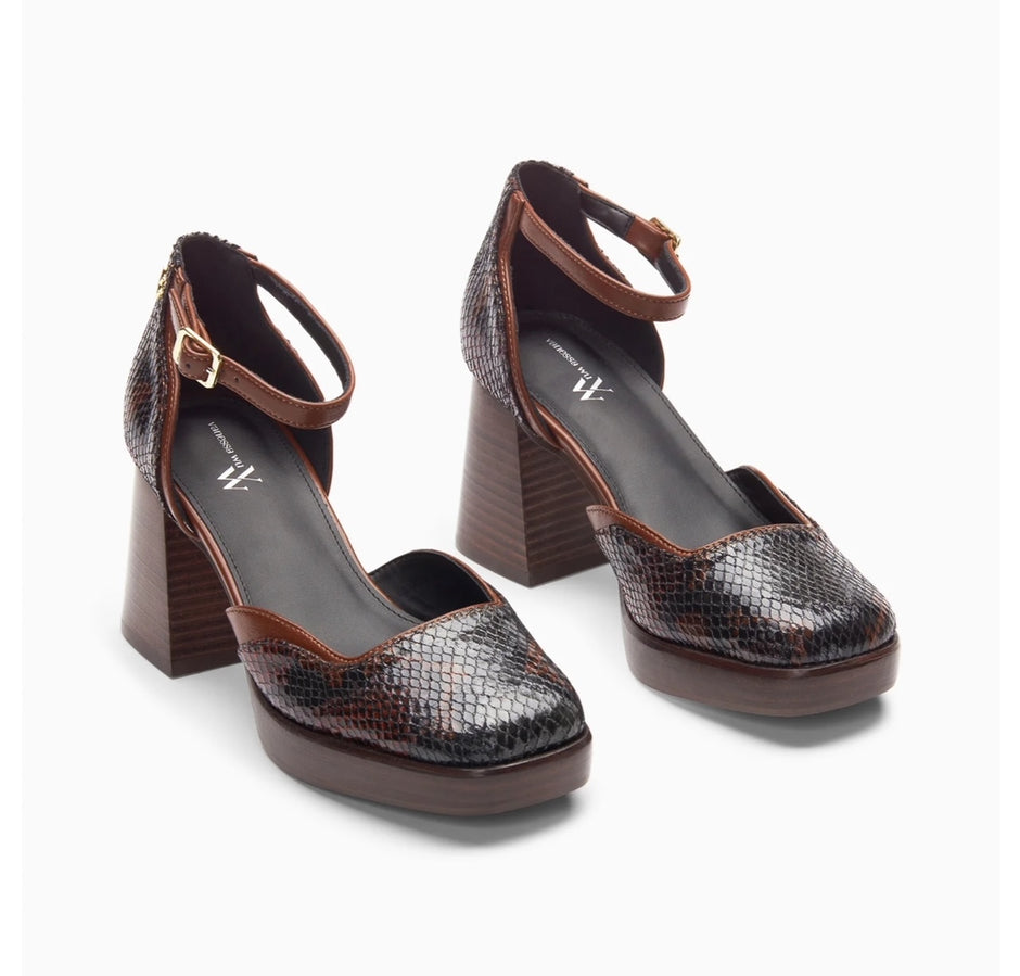 Sandales Claire Marron Serpent À Plateforme Et Talon Bois